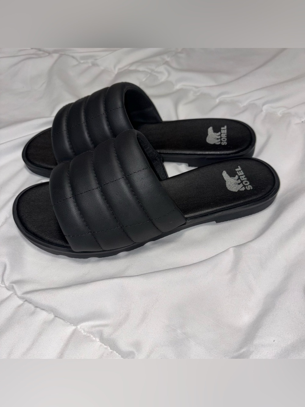 Sorel Ella III Quilted Puff Slide Sandal Black Leather Size 7